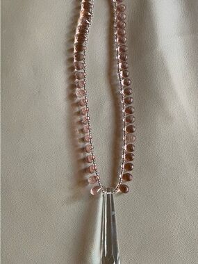 Vintage Art Deco Light Pink Glass Necklace with Faceted Crystal Pendant